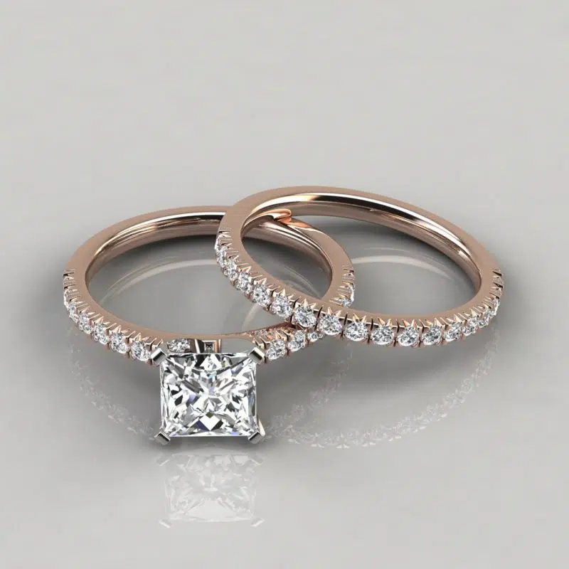 Moissanite French Pave Cut Engagement Ring and Wedding Band Set