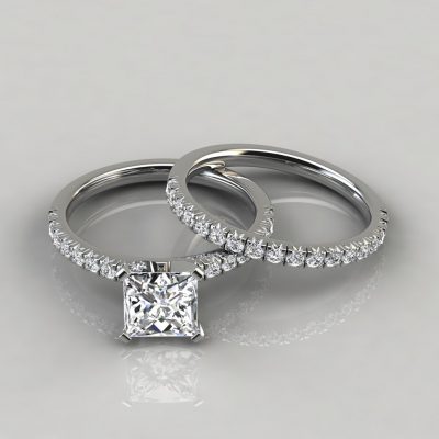 Moissanite French Pave Cut Engagement Ring and Wedding Band Set