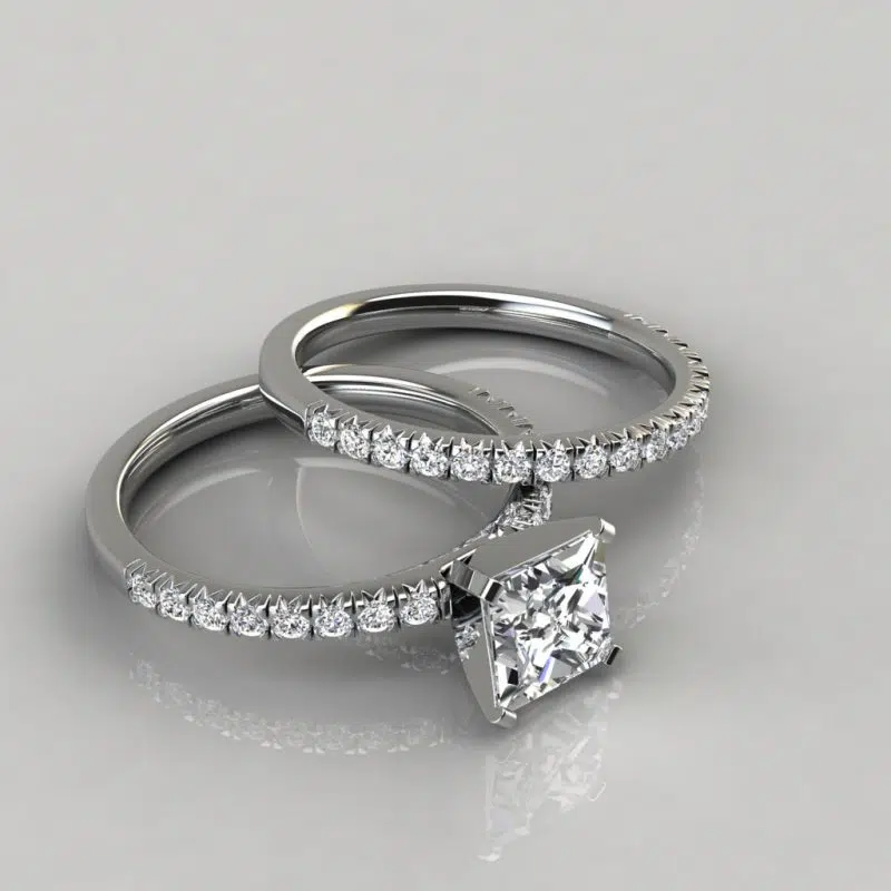 Moissanite French Pave Cut Engagement Ring and Wedding Band Set