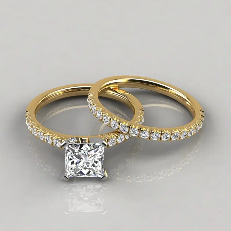 Moissanite French Pave Cut Engagement Ring and Wedding Band Set