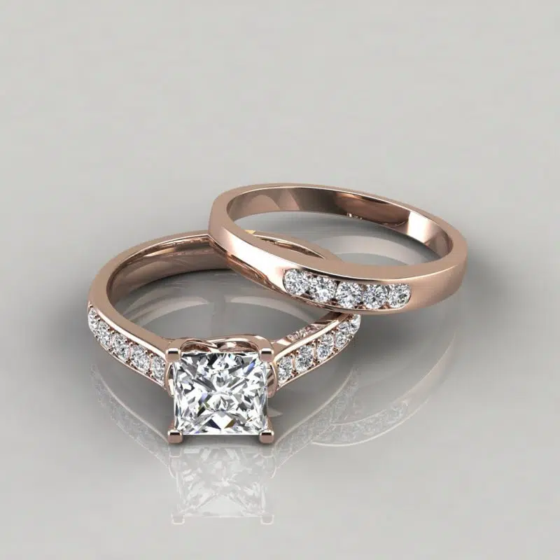 Moissanite Cross Prong Engagement Ring and Wedding Band Bridal Set