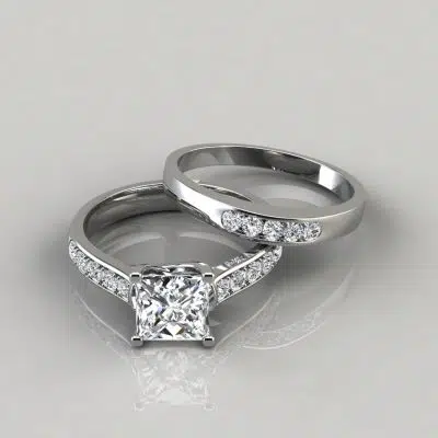 Moissanite Cross Prong Engagement Ring and Wedding Band Bridal Set