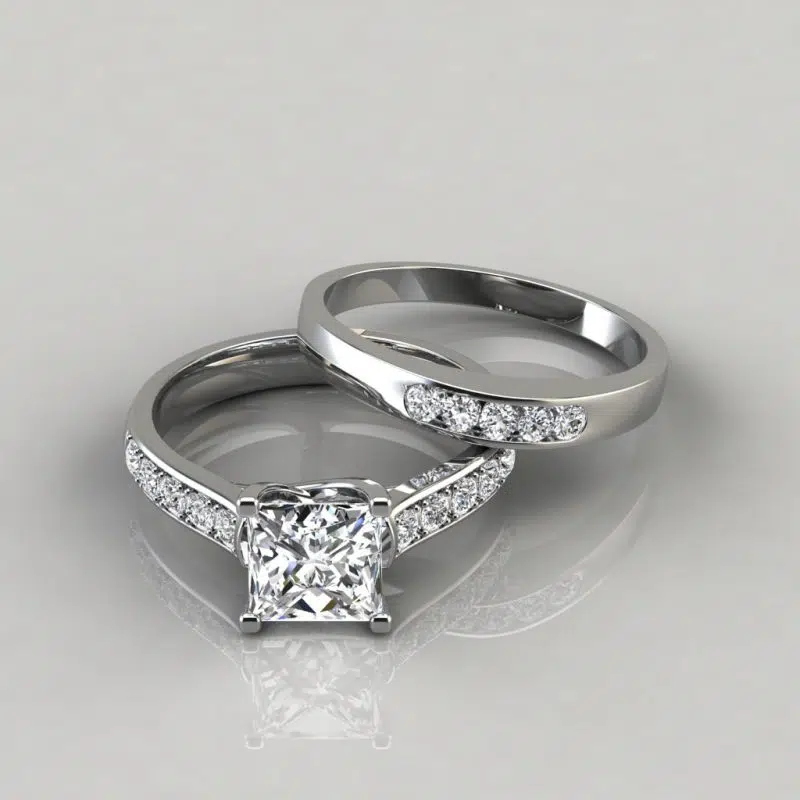 Moissanite Cross Prong Engagement Ring and Wedding Band Bridal Set