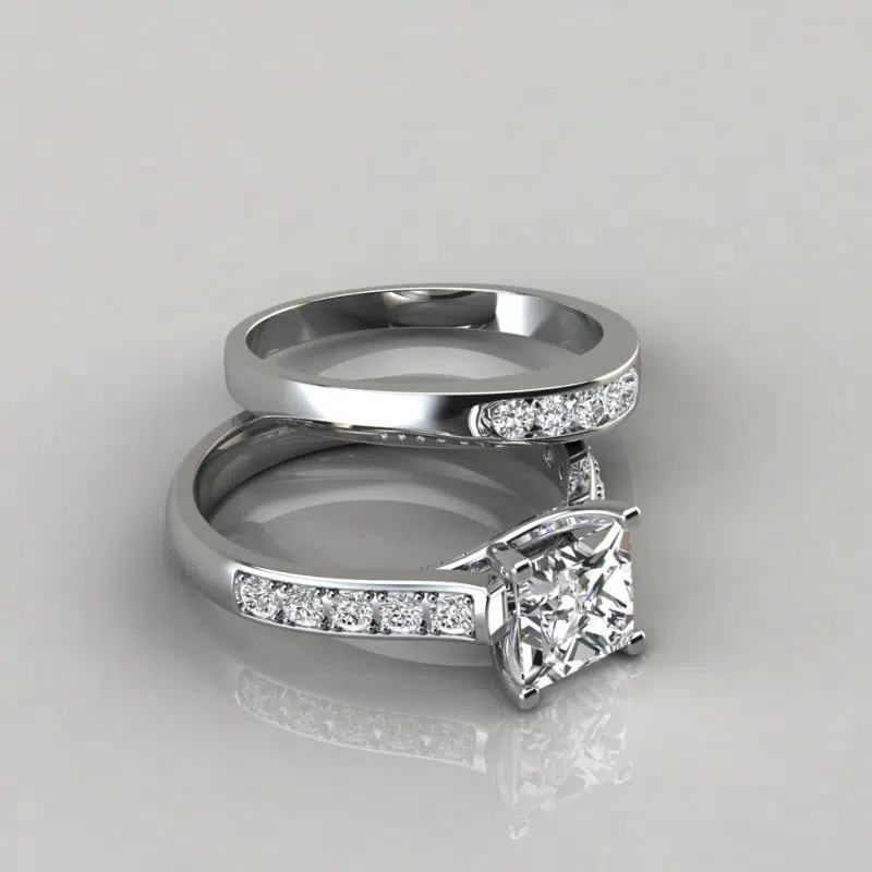 Moissanite Cross Prong Engagement Ring and Wedding Band Bridal Set
