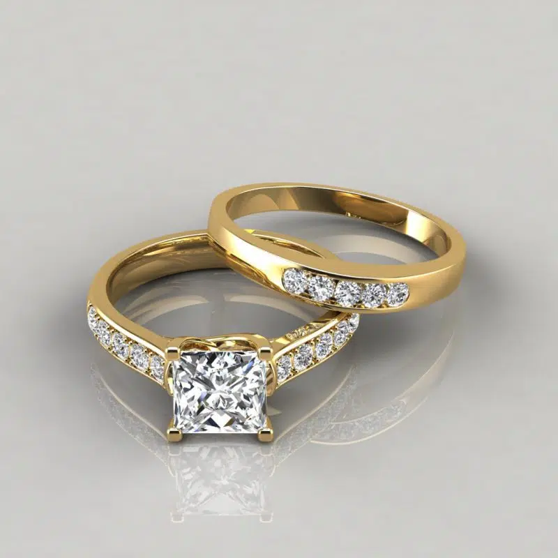 Moissanite Cross Prong Engagement Ring and Wedding Band Bridal Set