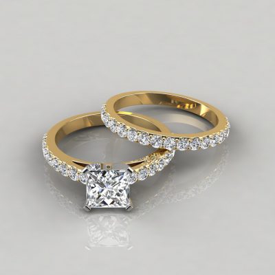 Shared Prong Princess Cut Moissanite Engagement Ring and Wedding Band ...