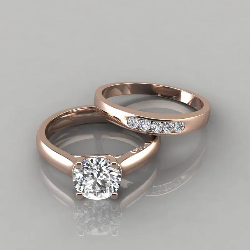 Moissanite Cross Prong Round Cut Engagement Ring and Wedding Band