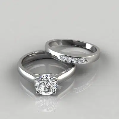 Moissanite Cross Prong Round Cut Engagement Ring and Wedding Band