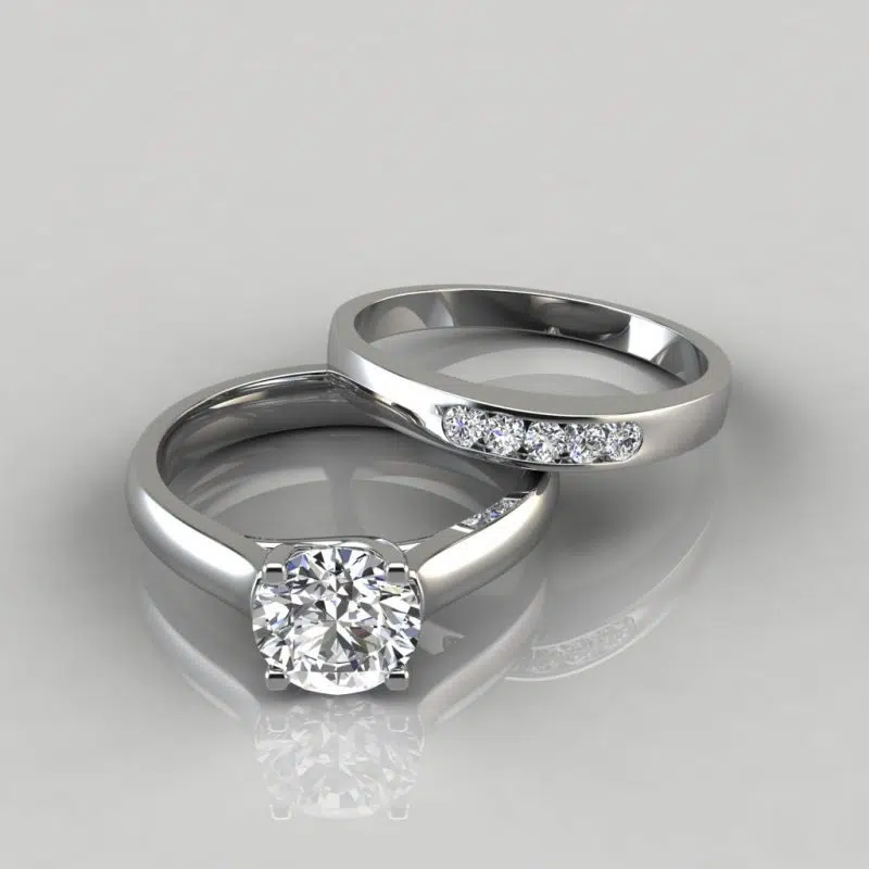 Moissanite Cross Prong Round Cut Engagement Ring and Wedding Band