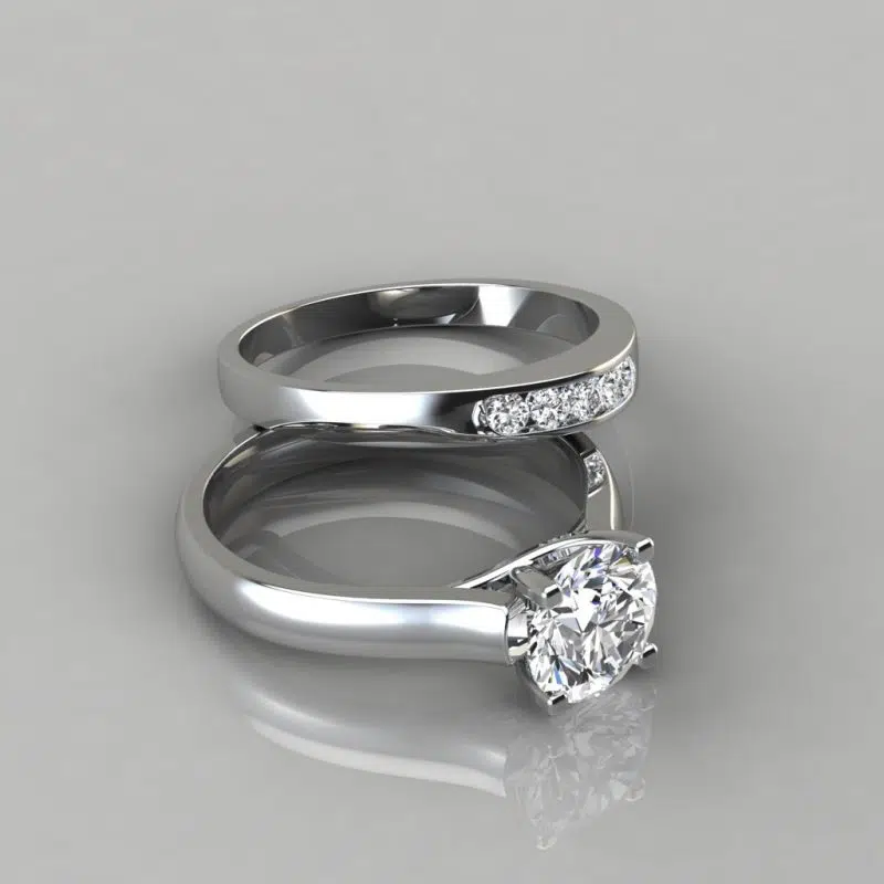 Moissanite Cross Prong Round Cut Engagement Ring and Wedding Band