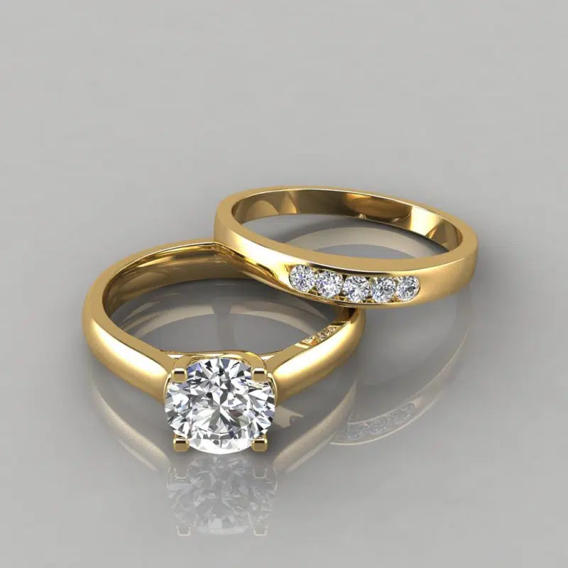 Moissanite Cross Prong Round Cut Engagement Ring and Wedding Band