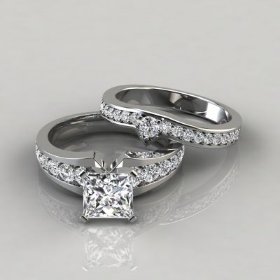 Moissanite Graduated Pave Princess Cut Engagement Ring and Wedding Band Set