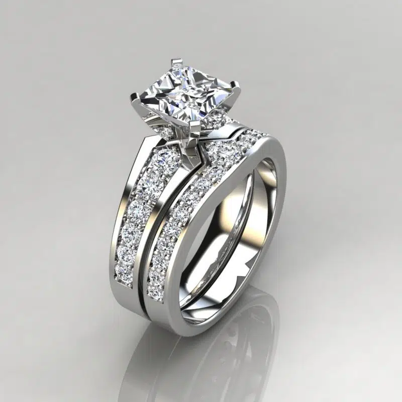 Moissanite Graduated Pave Princess Cut Engagement Ring and Wedding Band Set