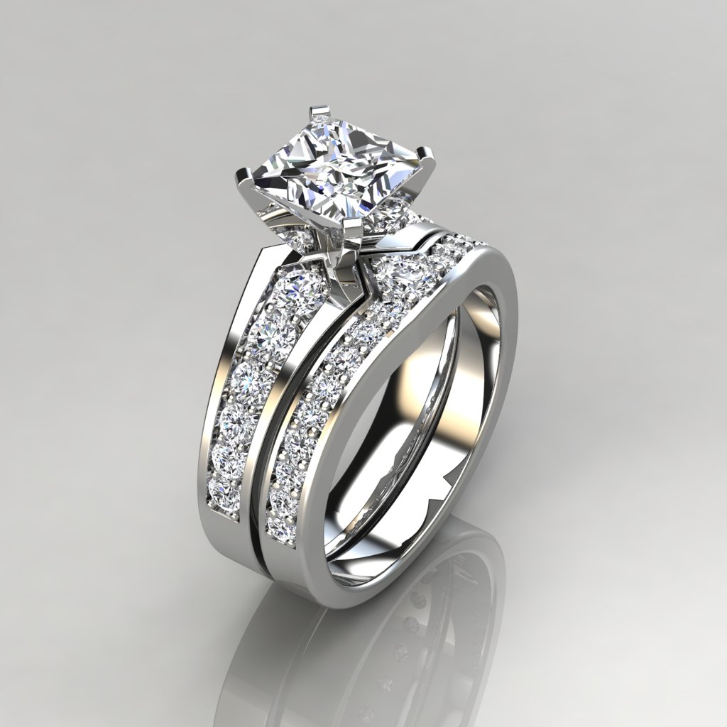 Graduated Pave Princess Cut Engagement Ring and Wedding