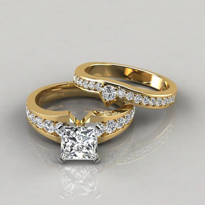 Moissanite Graduated Pave Princess Cut Engagement Ring and Wedding Band Set