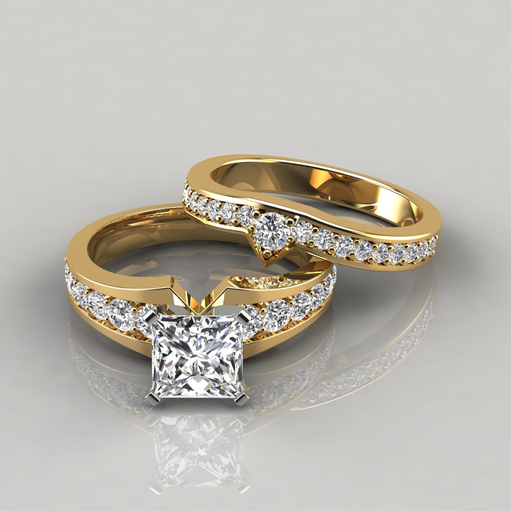 Moissanite Graduated Pave Princess Cut Engagement Ring and Wedding Band ...