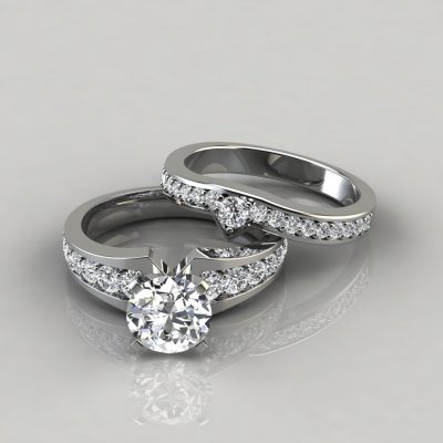 Moissanite Graduated Pave Round Cut Engagement Ring and Wedding Band Set