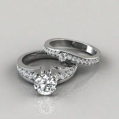 Moissanite Graduated Pave Round Cut Engagement Ring and Wedding Band Set