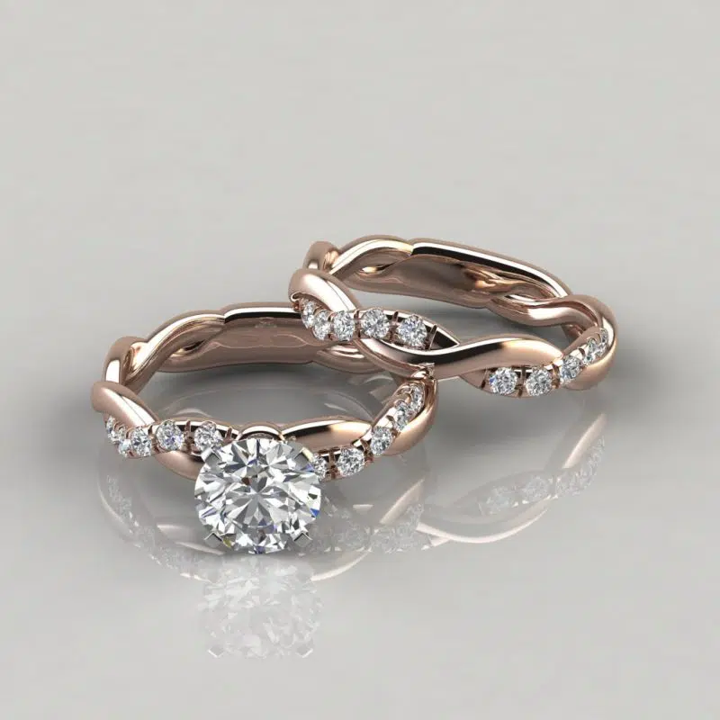 Twist Round Cut Moissanite Engagement Ring and Wedding Band Set