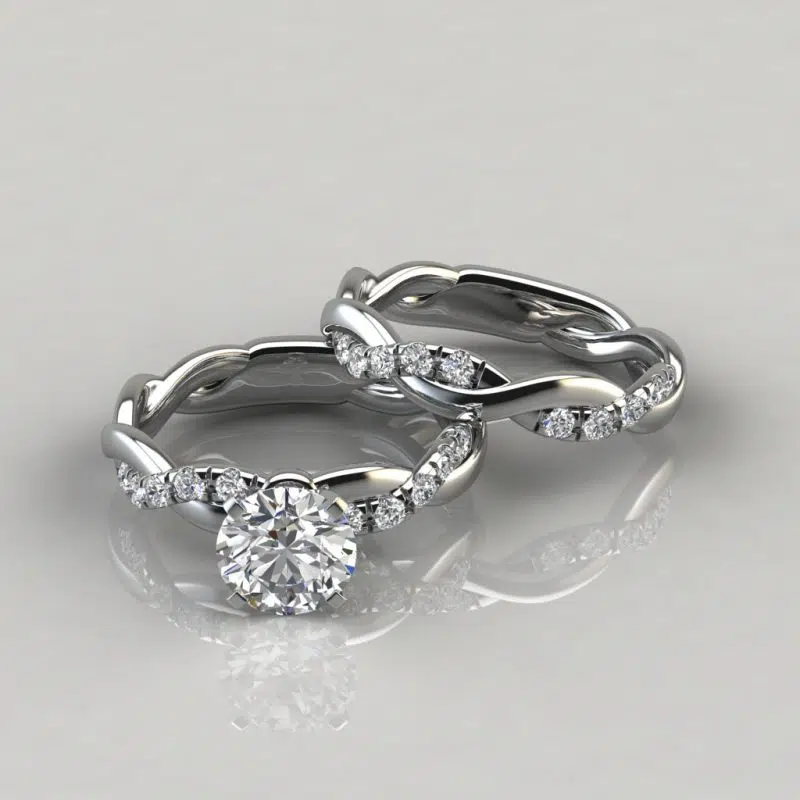 Twist Round Cut Moissanite Engagement Ring and Wedding Band Set