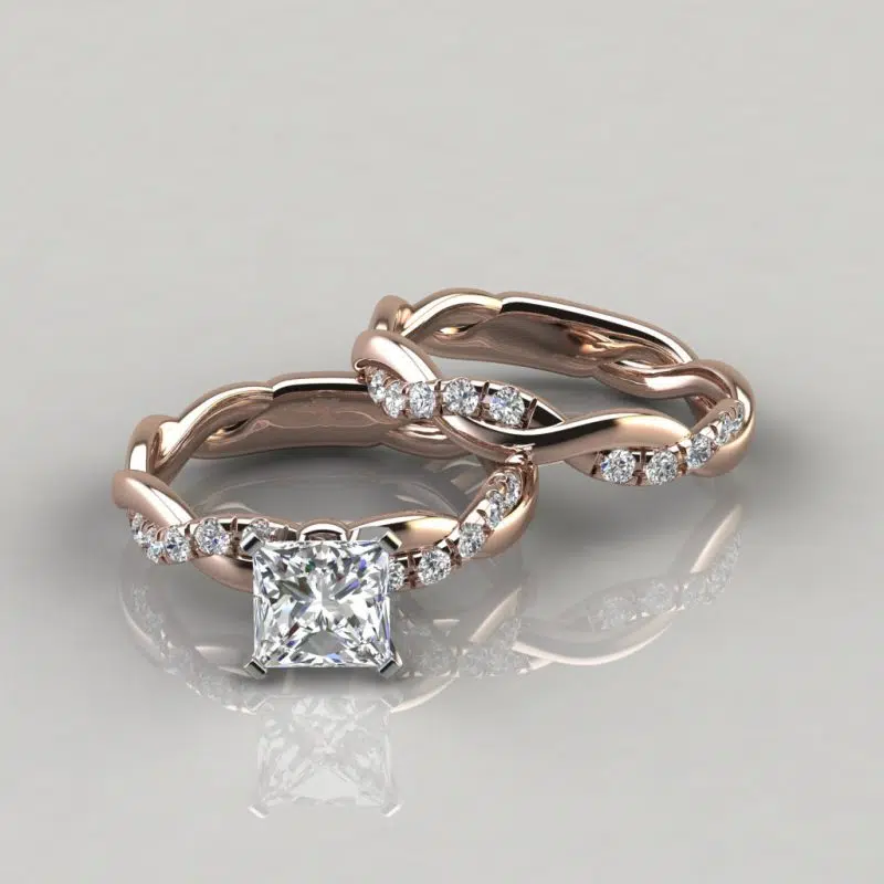 Twist Princess Cut Moissanite Engagement Ring and Wedding Band Set