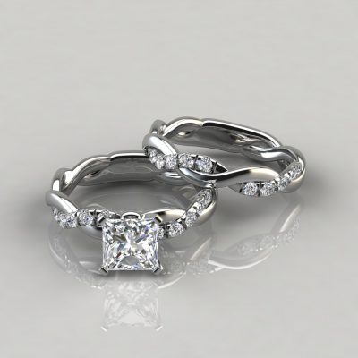 Twist Princess Cut Moissanite Engagement Ring and Wedding Band Set
