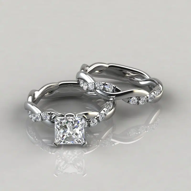 Twist Princess Cut Moissanite Engagement Ring and Wedding Band Set