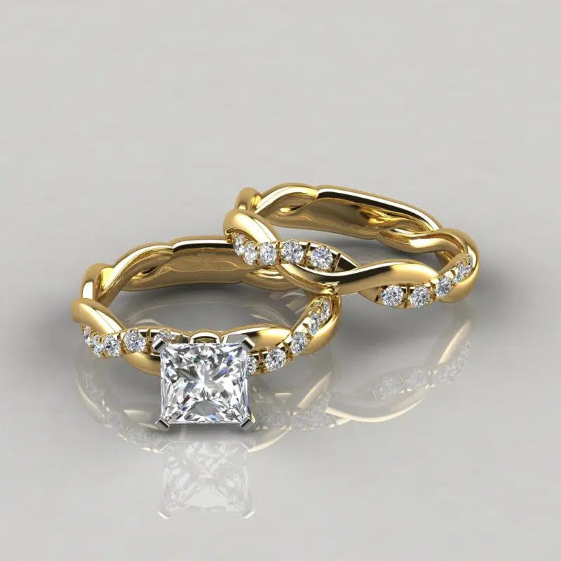 Twist Princess Cut Moissanite Engagement Ring and Wedding Band Set