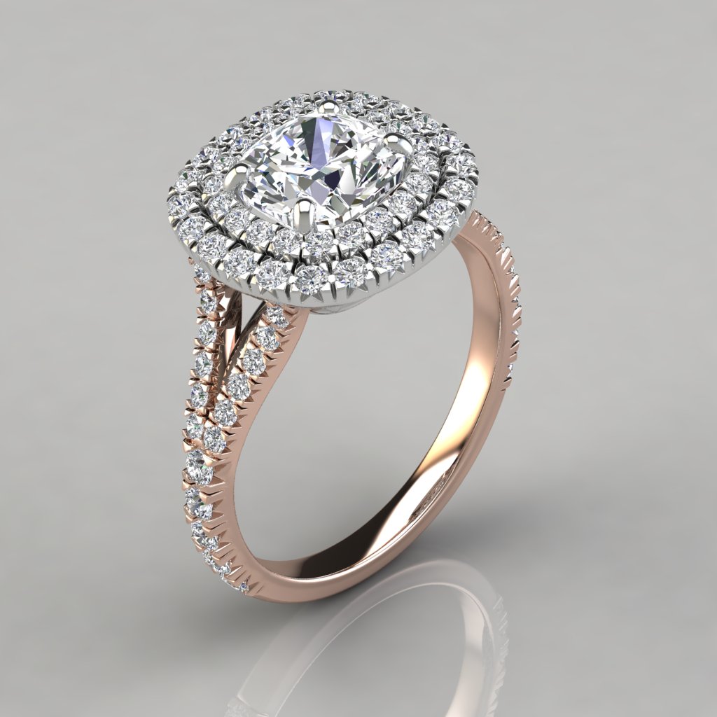 Rose Gold Halo Cushion Cut Stone Wedding Ring Set