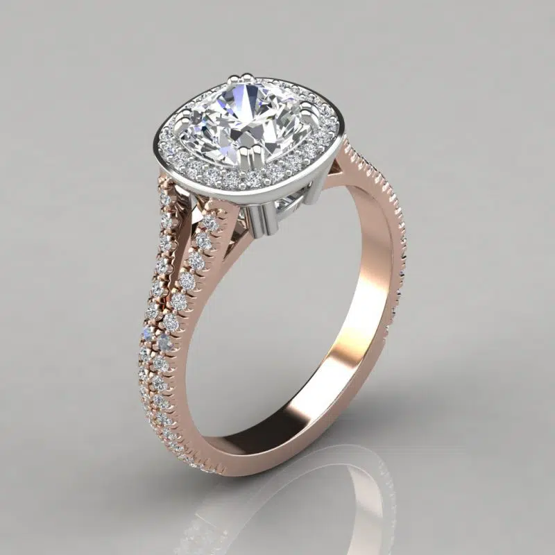 Split Shank Cushion Cut Halo Style Moissanite Engagement Ring