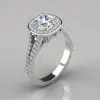 Split Shank Cushion Cut Halo Style Moissanite Engagement Ring