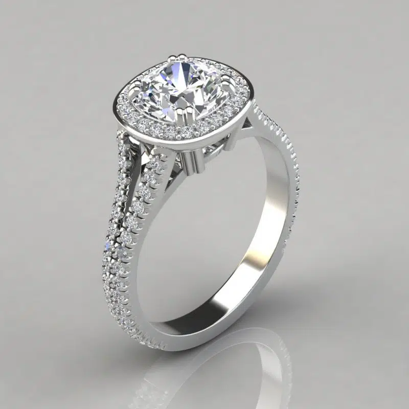 Split Shank Cushion Cut Halo Style Moissanite Engagement Ring