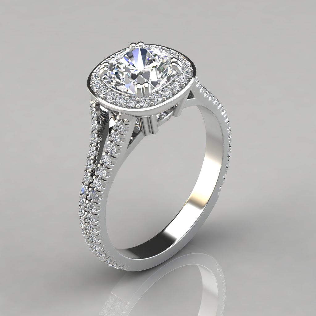 Split Shank Cushion Cut Halo Style Moissanite Engagement Ring | Forever ...