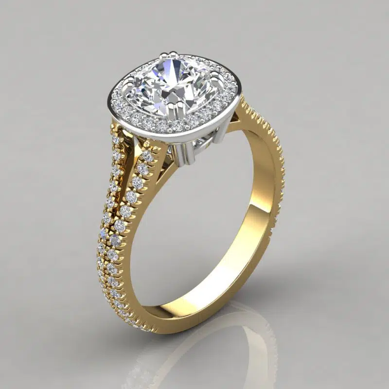 Split Shank Cushion Cut Halo Style Moissanite Engagement Ring