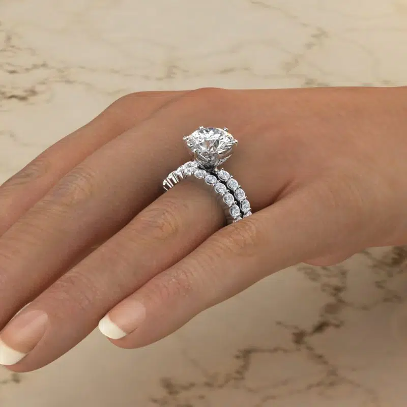 Custom Made 4 Carat Center Stone Shared Prong Engagement Ring and Wedding Band Set