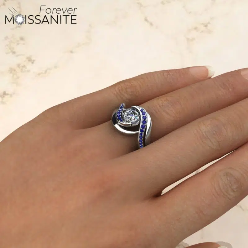Custom Design 1 CT Moissanite and Blue Sapphire Stones