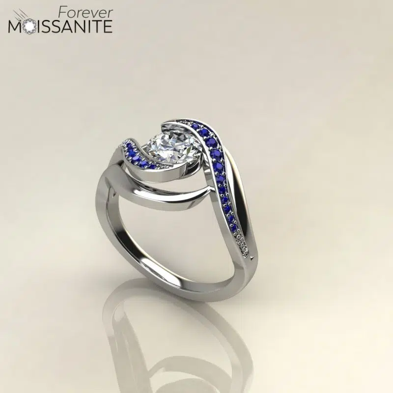 Custom Design 1 CT Moissanite and Blue Sapphire Stones
