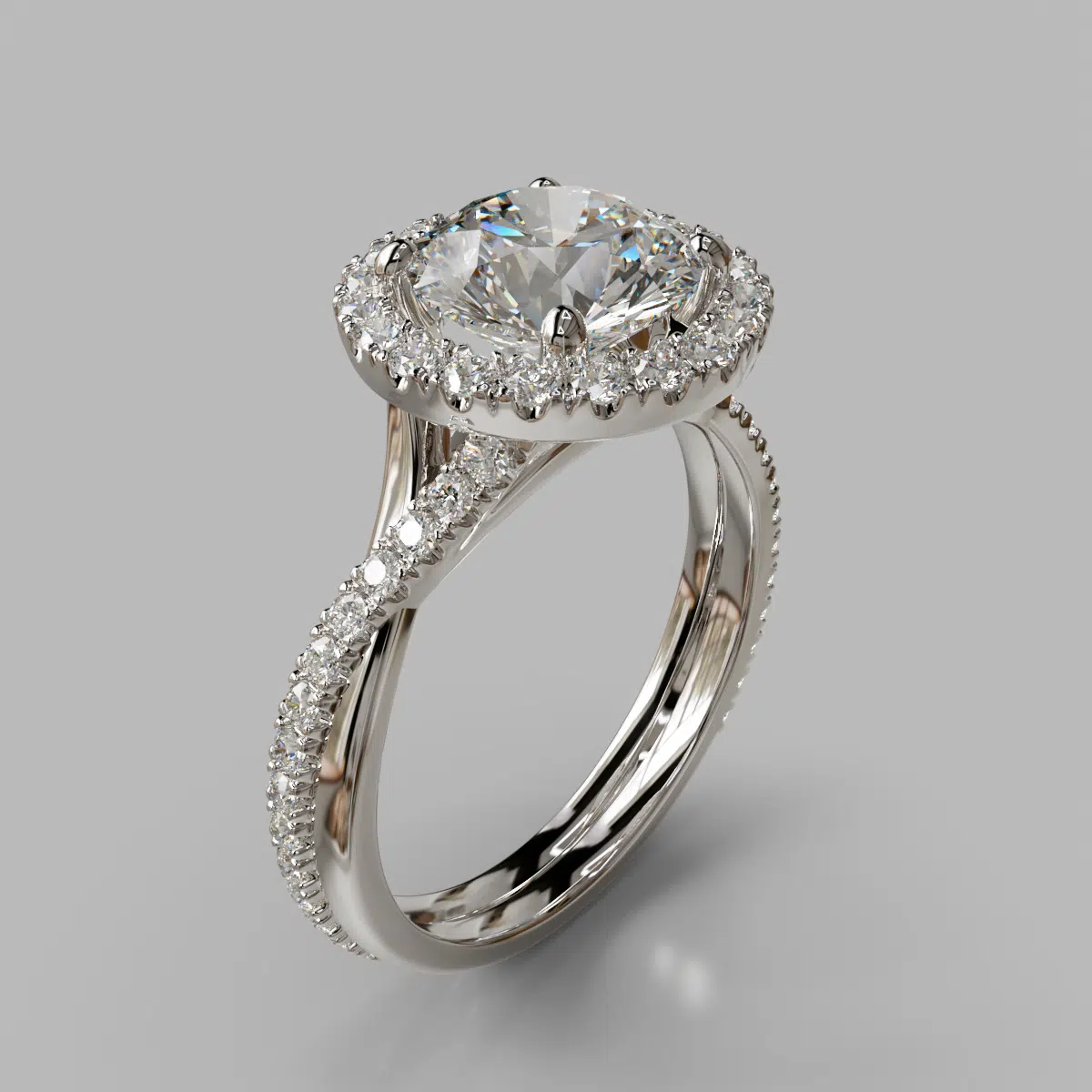 Moissanite Twist Round Brilliant Cut Halo Style Moissanite Twist Round Brilliant Cut Halo Style