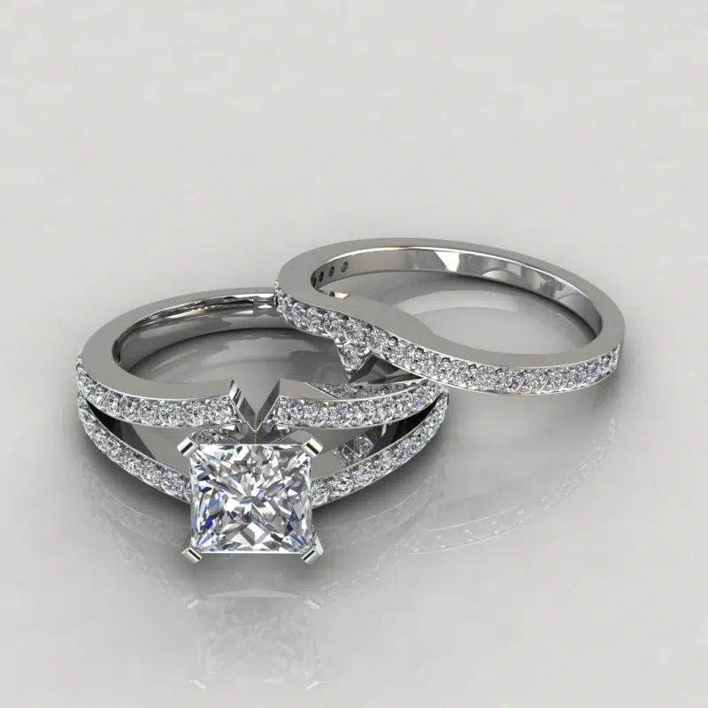 Moissanite Split Shank Pave Princess Cut Bridal Set