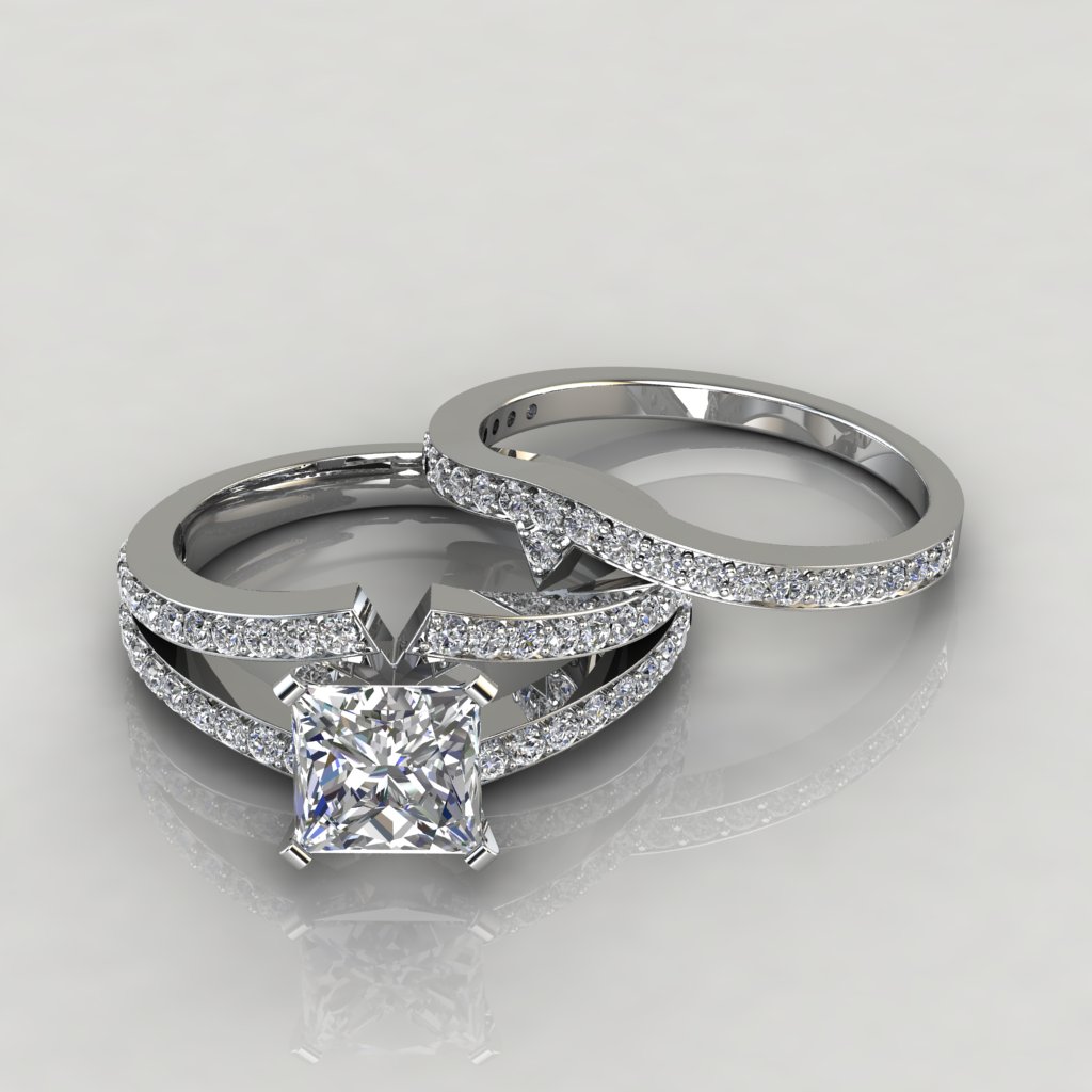 Princess Cut Bridal Set In Real 14K/18k White Gold, Moissanite Princess Cut  Set, Forever One Princess Engagement Ring, 2 CT Princess Cut