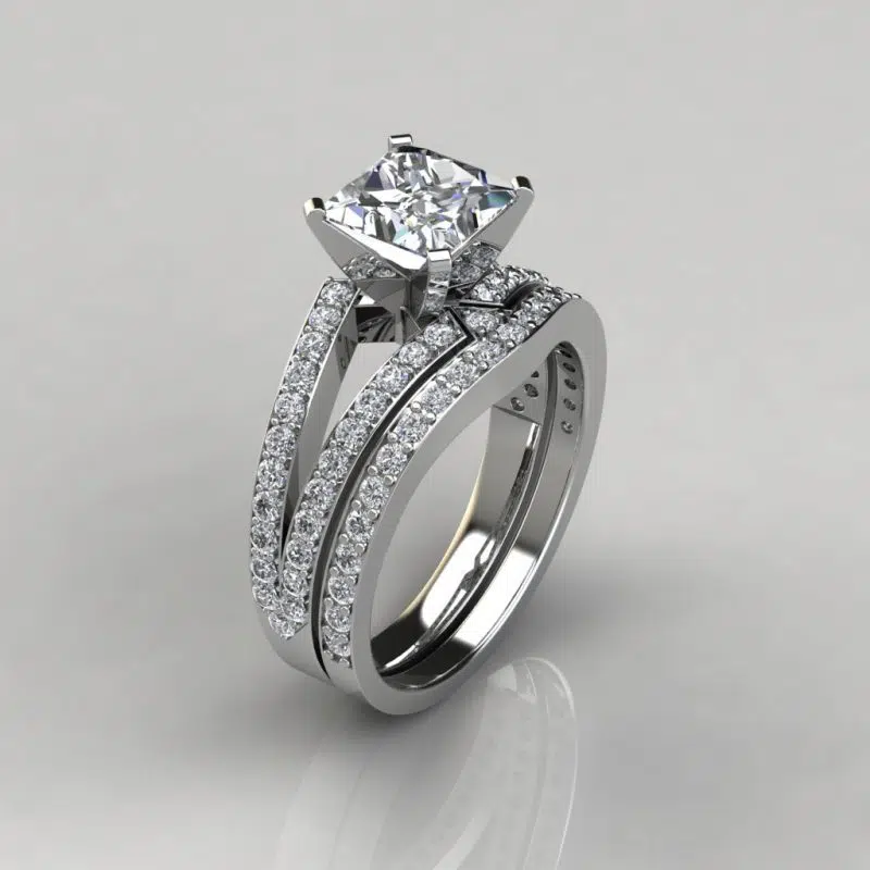 Moissanite Split Shank Pave Princess Cut Bridal Set