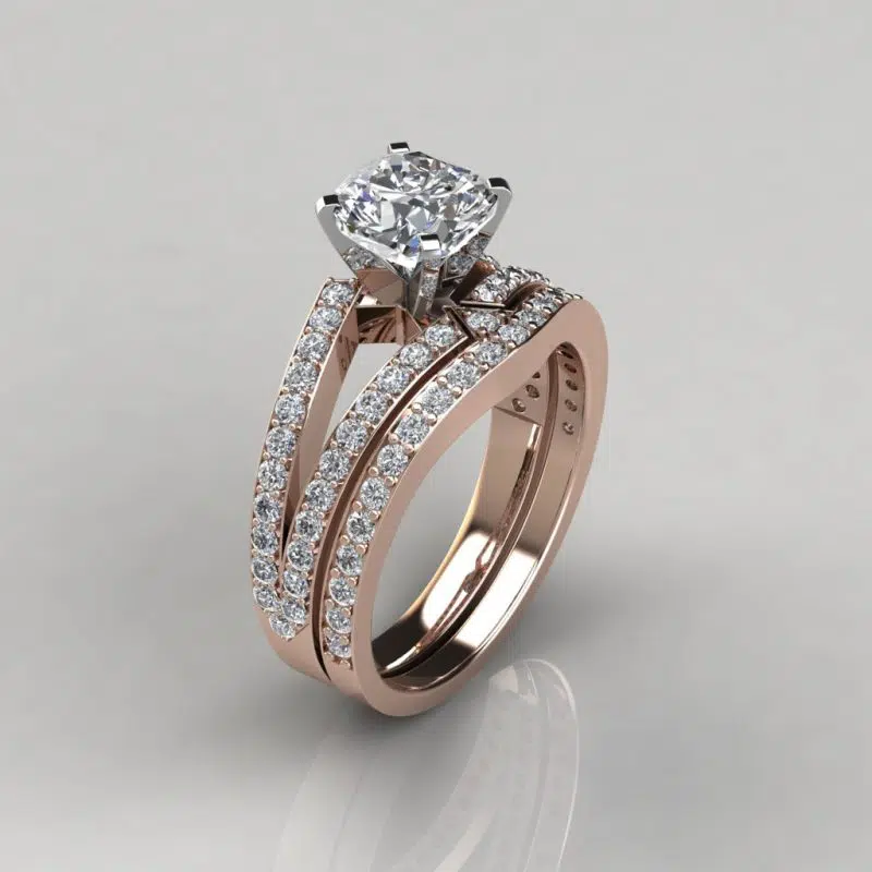 Moissanite Split Shank Pave Cushion Cut Bridal Set