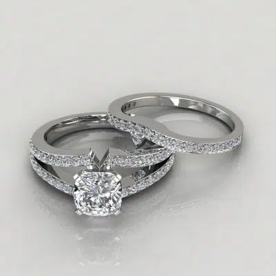 Moissanite Split Shank Pave Cushion Cut Bridal Set