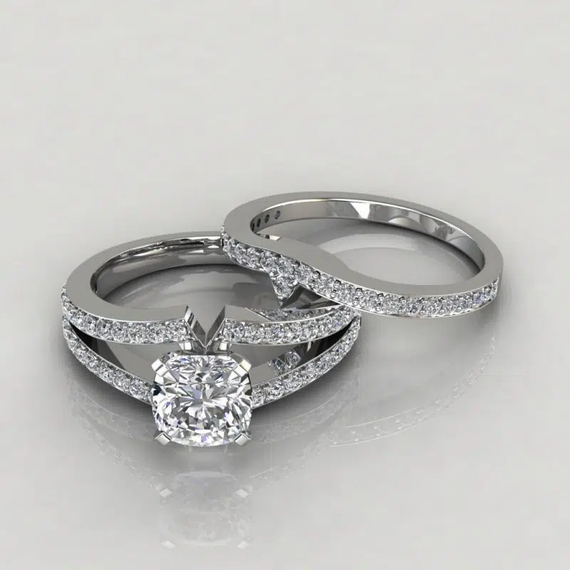Moissanite Split Shank Pave Cushion Cut Bridal Set