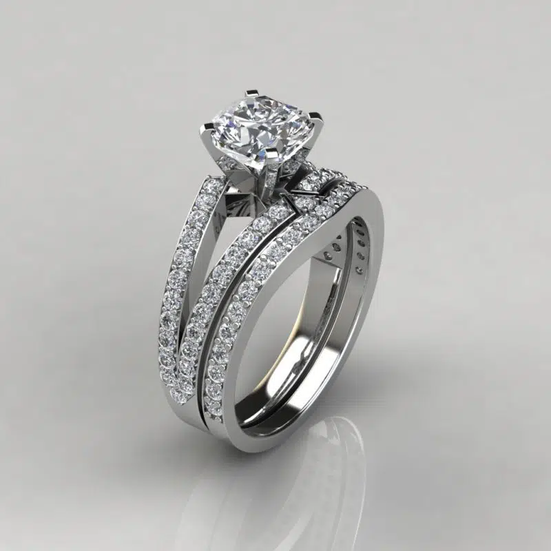 Moissanite Split Shank Pave Cushion Cut Bridal Set
