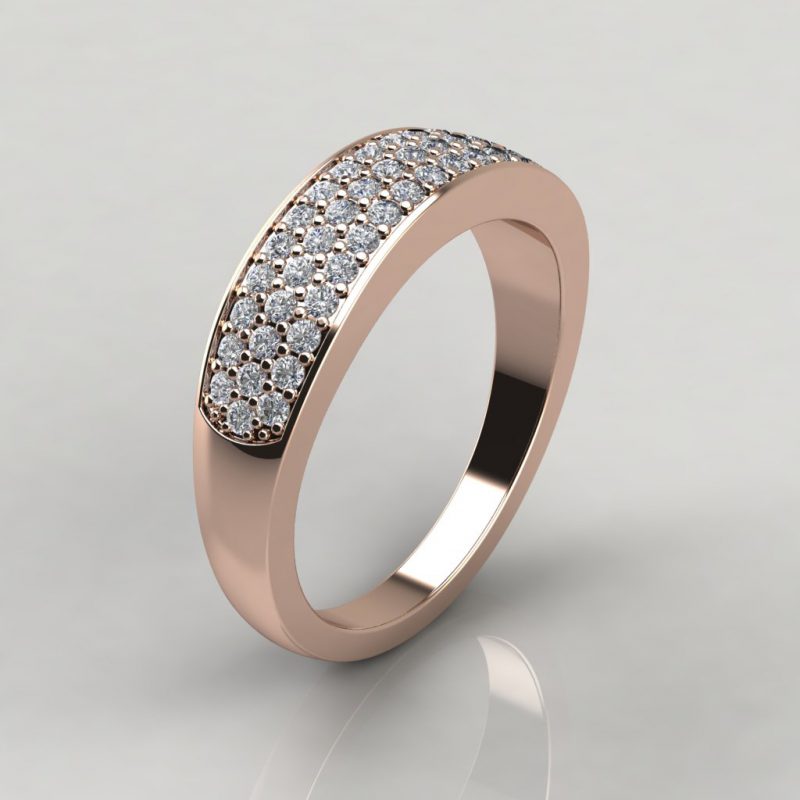 rose gold wide band wedding ring with 52 round brilliant cut moissanite side stones