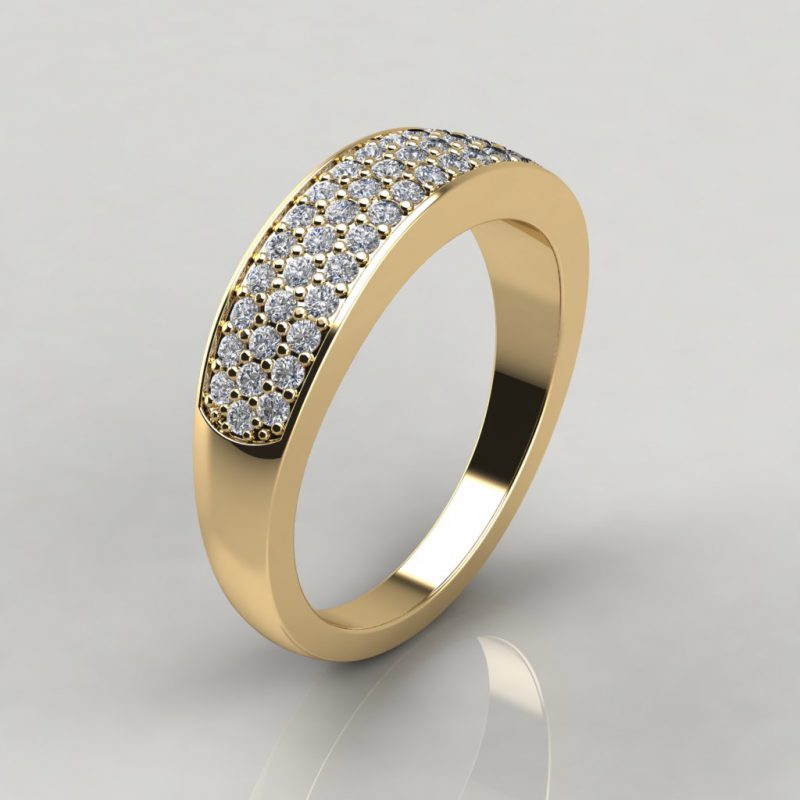 yellow gold wide band wedding ring with 52 round brilliant cut moissanite side stones
