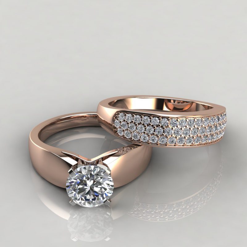 rose gold wide band moissanite bridal set with 52 round brilliant cut side stones