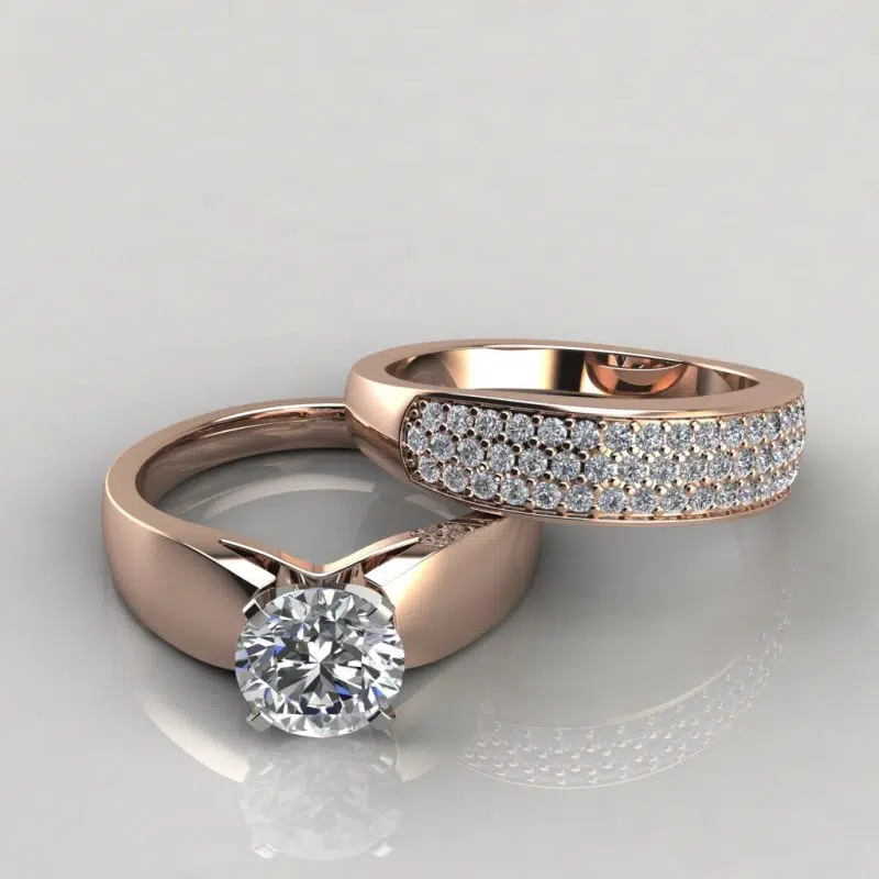 Moissanite Wide Band Engagement Ring and Wedding Band Bridal Set
