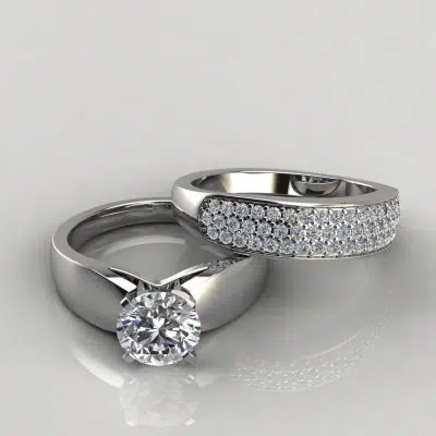 Moissanite Wide Band Engagement Ring and Wedding Band Bridal Set